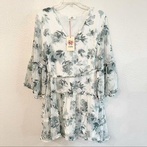 White & Green Floral Dress Large with Ruffles